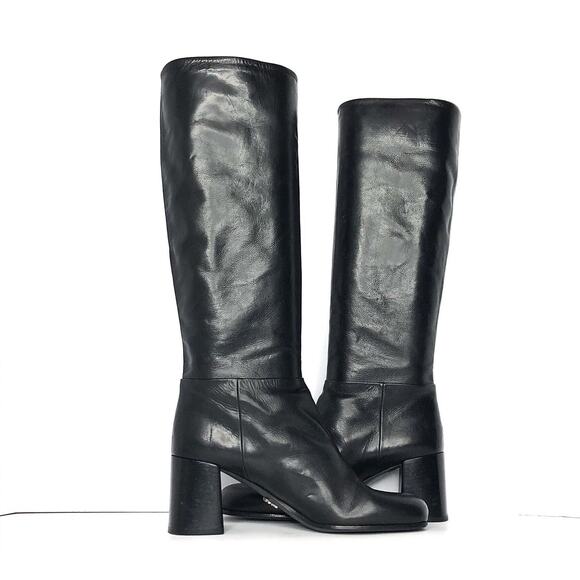 Prada Triangle Logo Plaque Knee High Pull On Block Heel Leather Boots 38 - Picture 3 of 9